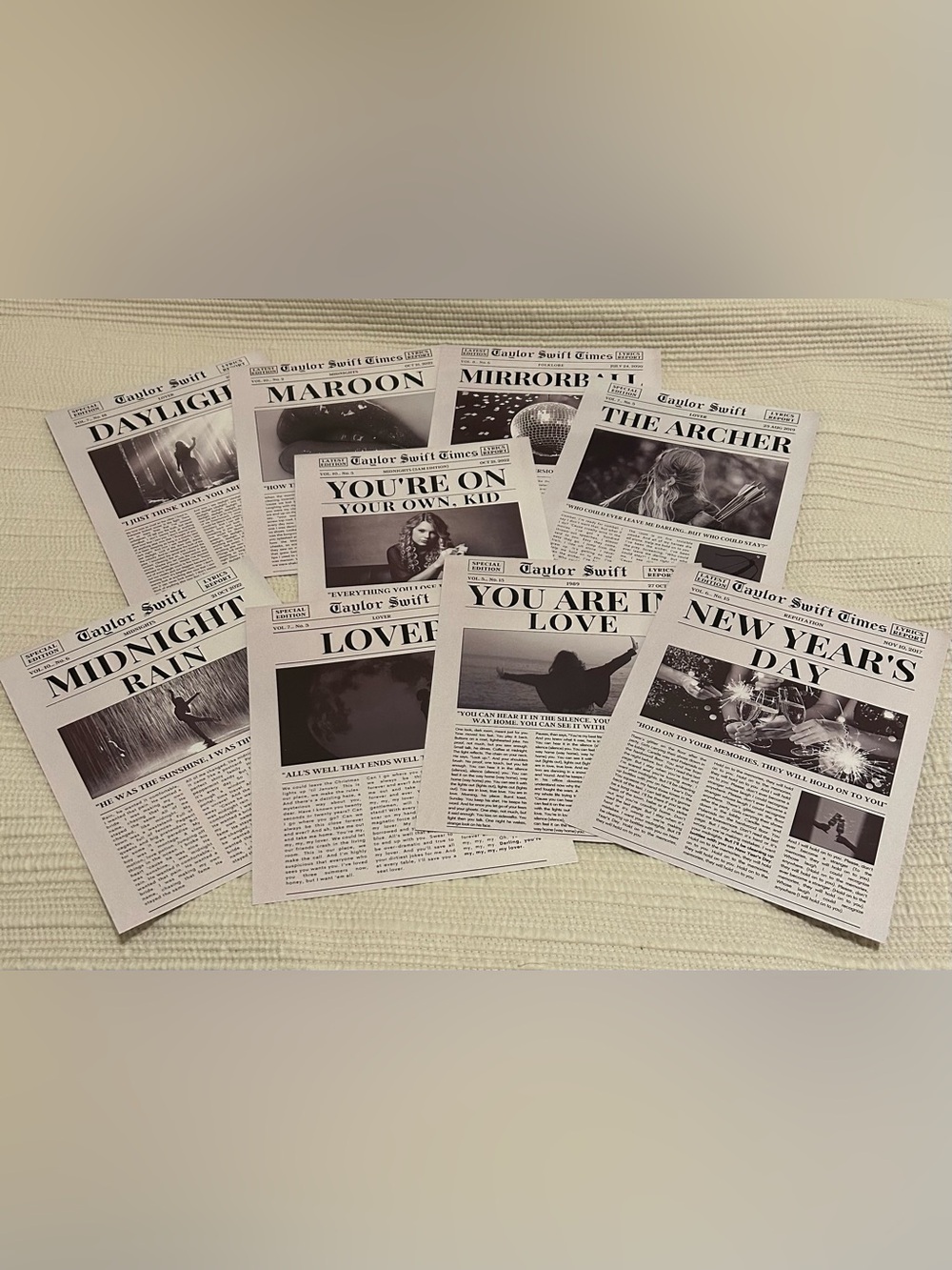 Taylor Swift Black & White Newspaper-Style lyric Prints set of 9
